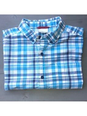Columbia Blue Plaid Short Sleeve Button Down Shirt Cotton M